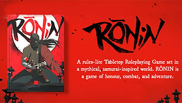 A striking image features the cover of the tabletop roleplaying game Rōnin, set against a bold red background. The artwork depicts a samurai character in a dynamic pose, wielding a sword, with a stylized logo of the game prominently displayed above. Below the character, descriptive text highlights that Rōnin is a rules-lite tabletop RPG focused on mythical, samurai-inspired themes of honor and combat.