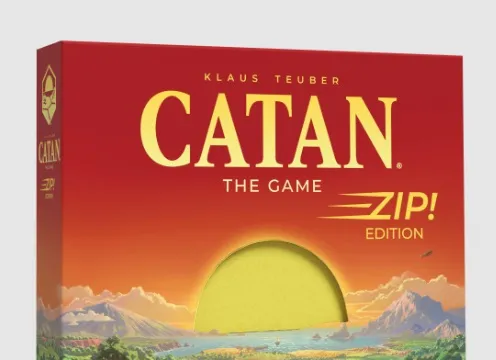The box for "Catan Zip!" features a vibrant sunset over a pastoral landscape, with rolling hills, fields, and distant mountains. The title "Catan" is prominently displayed at the top in bold yellow letters, with "ZIP! EDITION" beneath it. In the foreground, two characters are depicted, one holding a staff, suggesting a sense of adventure and exploration.