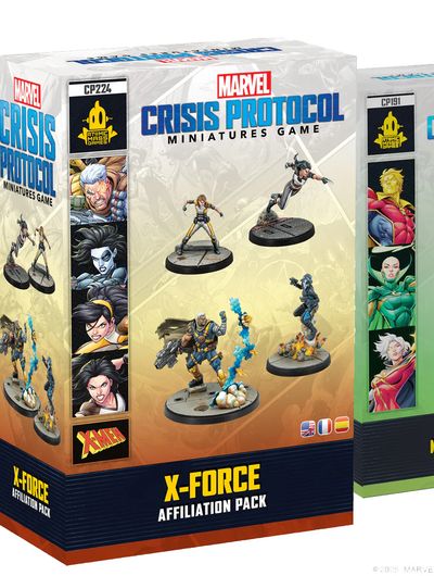 Three boxes of the "Marvel Crisis Protocol Miniatures Game" are displayed. The central box features the "X-Force Affiliation Pack," showcasing miniatures of characters like Cable and Domino, with vibrant colors and dynamic poses. The other two boxes on either side include "Adam Warlock & Moondragon" and "X-23," each adorned with artwork of their respective characters and game branding.