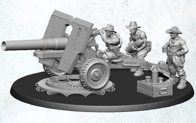 A detailed 3D-rendered miniature scene features a large artillery piece mounted on a wheeled platform, with three muscular figures dressed in boonie hats and casual attire. One figure is positioned at the artillery, preparing to load a shell, while the others stand nearby, one holding a drink and the other ready with additional ammunition. The base of the scene includes crates and shells, enhancing the military theme.