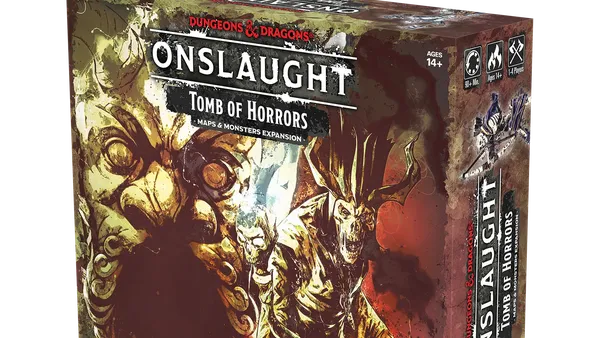 A box for the "Dungeons & Dragons Onslaught: Tomb of Horrors - Maps & Monsters Expansion" features dramatic artwork depicting a menacing demilich and various monstrous figures. The box is predominantly dark with splashes of color, showcasing intricate details of the characters and elements from the dungeon. The title "ONSLAUGHT" is prominently displayed at the top, along with the subtitle and branding for Wizkids.