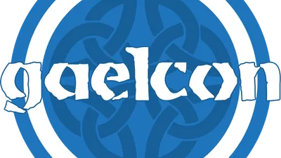 A circular logo featuring a blue background with a white outer ring. In the center, a stylized knot pattern is visible, symbolizing Celtic design. The word "gaelcon" is prominently displayed in white, with a slightly distressed font, emphasizing the convention's name.