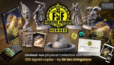 A collection of Fighting Fantasy miniatures is displayed prominently, featuring various characters and creatures from the gamebooks, including a wizard and a villain in cloaks. In the foreground, a detailed miniature of a creature called Bloodbeast is accompanied by its stat card. The scene also includes branded dice, a certificate of authenticity, and a decorative gamebox, all set against a dark background with the Fighting Fantasy Heroes logo prominently featured.