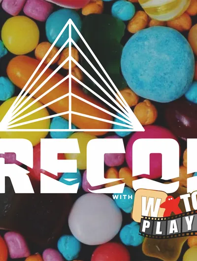A colorful assortment of candies in various shapes and sizes serves as the backdrop for the event branding. The word "RECON" is prominently displayed in bold white letters, with a stylized triangular logo above it. Below, the text "with WATCH PLAYED" is featured in a playful font, suggesting a fun and engaging gaming event.