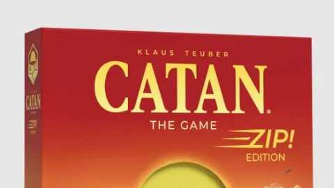 The box for "Catan Zip!" features a vibrant sunset over a pastoral landscape, with rolling hills, fields, and distant mountains. The title "Catan" is prominently displayed at the top in bold yellow letters, with "ZIP! EDITION" beneath it. In the foreground, two characters are depicted, one holding a staff, suggesting a sense of adventure and exploration.