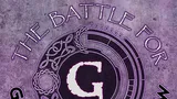 A circular logo features the text "THE BATTLE FOR GREENHOLLOW" prominently displayed around a central letter "G." The design incorporates intricate, swirling patterns and a dark background, creating a mystical and engaging aesthetic. The overall color scheme includes shades of purple and black, enhancing the theme of a fantasy wargaming event.