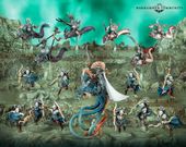 A dynamic scene showcases a variety of Idoneth Deepkin models, featuring a central figure, the Ikon of the Sea, with a flowing white banner and intricate armor, surrounded by other aelves in vibrant blue and orange hues. Several mounted warriors ride sleek sea creatures, while others stand poised with weapons, all set against a textured, rocky underwater backdrop with a greenish hue. The composition highlights the diverse range of new models, including the Akhelian Tide Guard and Namarti Reavers, emphasizing their aquatic theme and battle-ready stance.