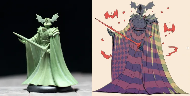 A green resin miniature of a character stands on the left, showcasing intricate details and a dynamic pose. On the right, a colorful illustration depicts the same character, featuring a patterned cloak in shades of purple and green, a helmet with bat-like features, and a menacing expression. The character wields a staff with a red tip, surrounded by splashes of red, enhancing the dramatic effect.