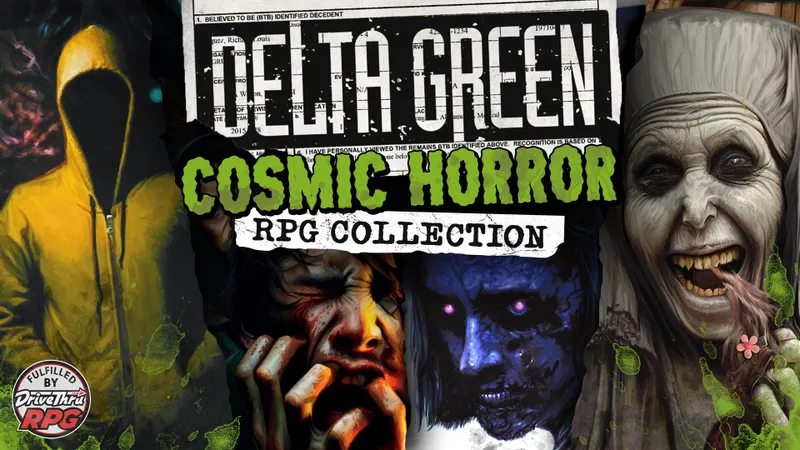 A collage of eerie and unsettling characters from the Delta Green universe, featuring a grotesque, grinning woman with sharp teeth, a shadowy figure with glowing eyes, and a distressed face on the left. The background includes a faded newspaper-style header with the text "DELTA GREEN" prominently displayed, and the words "COSMIC HORROR COLLECTION" in bold green lettering at the bottom. The overall tone is dark and atmospheric, reflecting the themes of horror and conspiracy inherent in the game.