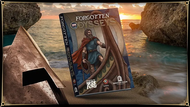Standing upright on a rocky surface near a body of water is a tabletop role-playing game box set titled "Forgotten Odysseys." The box features an illustration of a bearded man in ancient Greek-style armor and a blue-green cloak, holding a spear and a coiled rope. He stands on the deck of a wooden ship with a carved figurehead at the bow. The background shows a rocky shoreline with waves crashing, and a sunset sky with clouds and distant landforms.

The box spine displays the title "Forgotten Odysseys" vertically in large, stylized white letters. Below the title, the text reads "Mirk Borg" in a smaller, stylized font. At the bottom of the box, logos for "BadEye" and "Broken Door Entertainment" are visible. The edge of another box or object is partially visible to the left.