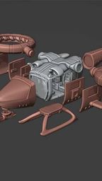 A collection of 3D model components for the LARC 2, a sci-fi utility VTOL, is displayed against a dark background. The parts include a streamlined cockpit, twin anti-grav rotors, and various modular accessories such as hardpoints and stabilizers, showcasing a mix of brown and silver colors. The arrangement highlights the modularity and adaptability of the design, emphasizing its potential for customization in tabletop gaming.
