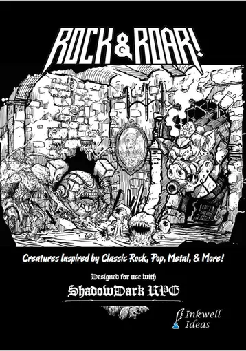 Black and white illustration of monsters in a ruined room, with text "ShadowDark RPG" and "Creatures Inspired by Classic Rock, Pop, Metal, & More!"