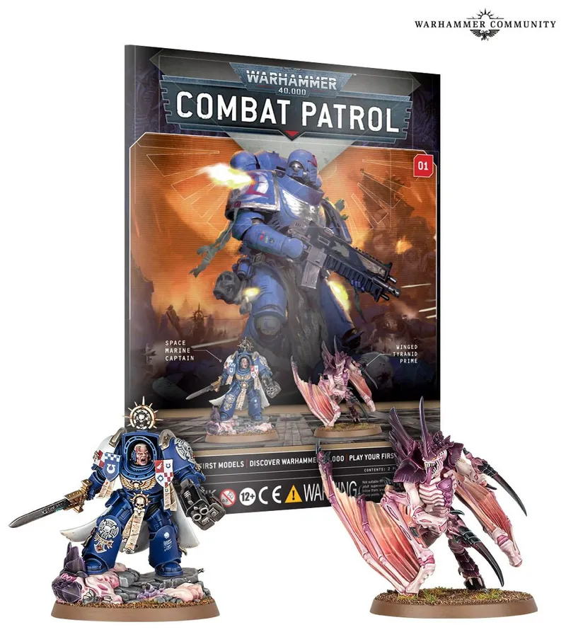 A boxed set for "Warhammer 40,000 Combat Patrol" featuring three painted miniature figures. At the top of the box, bold white text reads "WARHAMMER 40,000" and "COMBAT PATROL" with a red downward-pointing triangle between them. The number "01" is visible in a red circle on the top right corner of the box.

The box art displays three miniatures:
1. A Space Marine Captain in blue armor with white and gold details, holding a power sword and a bolt pistol.
2. A large, armored figure in blue with a heavy weapon, identified as a Space Marine.
3. A creature labeled as a Winged Tyranid Prime with large wings, claws, and a monstrous appearance.

In front of the box, two of the miniatures are positioned on rocky bases:
1. On the left, a Space Marine Captain in blue armor with white and gold details, holding a power sword.
2. On the right, a Winged Tyranid creature with large wings and claws.

The bottom of the box has text that reads: "FIRST MODELS