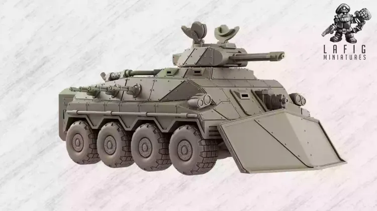 A detailed model of a futuristic tank features a robust, angular design with a prominent turret and a long barrel. The tank is equipped with various mechanical details, including side-mounted weaponry and a sloped front plate, giving it a formidable appearance. The color is a muted gray, emphasizing its utilitarian design, and it sits against a light, textured background.