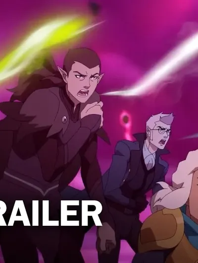 A group of animated characters from "The Legend of Vox Machina" is depicted in a dramatic scene, with expressions of concern and determination. The background features swirling pink and purple hues, suggesting a chaotic or magical environment. Prominently displayed in the foreground is the word "TRAILER," indicating the promotional nature of the image.