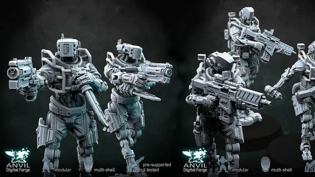 Three futuristic military robots are displayed in a dynamic arrangement, each featuring a slim, minimal steel frame with articulated joints. The robots are equipped with heavy assault rifles and one is holding a drone, showcasing a variety of poses and head designs. The models have a modernist aesthetic, suitable for settings in modern warfare, post-apocalyptic, cyberpunk, or sci-fi games, with a dark background enhancing their striking appearance.