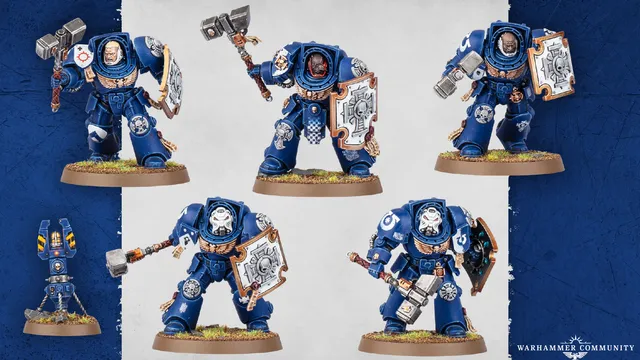 Five Space Marine Assault Terminators are displayed, each wearing iconic blue power armor and equipped with various weapons, including thunder hammers and storm shields. The miniatures feature detailed designs, with some having unique head options and tilting plates adorned with purity seals and badges. The background is a subtle gradient, enhancing the focus on the intricately crafted models.
