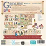 Board game box cover for Greylune by William Attia and David Sirbon. Title in ornate script at top. Illustrated scenes of adventurers, taverns, and fantasy items. Components listed: 1 main board, 1 season board, 4 player boards, 100+ wooden components, 110 tokens, 1 rulebook.