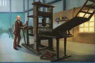 A bald man in a brown suit stands in a workshop, holding a small object in his right hand. He is next to a large wooden printing press with metal components. A wooden workbench with a slanted surface is positioned in front of the press. In the background, there is a shelf with several books and a wooden staircase. The room has large windows and a concrete floor.