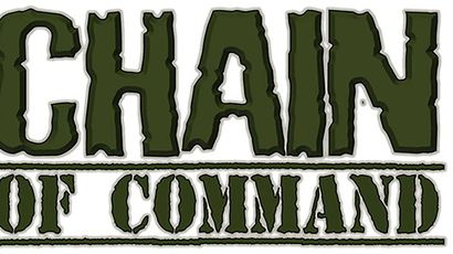 The image features the title "CHAIN OF COMMAND" prominently displayed in a bold, stylized font. The letters are primarily in a dark green color, with a rugged, military-inspired design. Below the title, the word "COMMAND" is presented in a slightly smaller size, maintaining the same color scheme and style, emphasizing the theme of the WWII skirmish game.