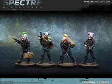 Four clown-masked figures in tactical gear holding guns, with "SPECTRE MINIATURES" text above.