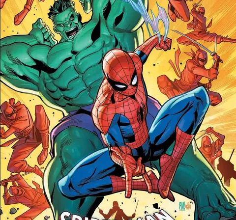Spider-Man crouching, Hulk and ninjas fighting, text "SPIDER-MAN MIDTOWN MAYHEM ONE-SHOT ADVENTURE"