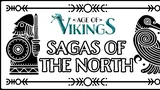 A stylized illustration features a Viking warrior wearing a helmet and holding a round shield, depicted in black against a white background. Above the warrior, the title "AGE OF VIKINGS" is displayed in a bold, turquoise font, while below, the words "SAGAS OF THE NORTH" are presented in a playful, black typeface. Decorative elements, including arrows and patterns, frame the image, enhancing its thematic connection to Viking culture.