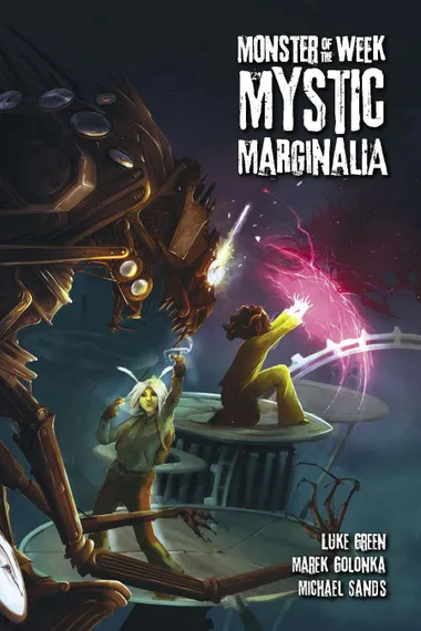 Two figures stand on a floating, circular platform suspended in a dark, cloudy sky with faint stars. The platform has ornate, metallic edges resembling gears and machinery.

On the left, a person with pale skin and white hair tied in a loose ponytail wears a green outfit with brown boots and gloves. They hold a glowing yellow orb in their right hand, raised upward, while their left hand rests on their hip.

On the right, a person with dark hair tied in a bun wears a sleeveless top and high-waisted pants. They crouch on one knee, extending their right hand forward, which emits a bright yellow energy beam that intersects with a glowing pink and purple energy vortex in the air between them.

In the background, a large mechanical structure with golden, curved pipes and glowing yellow orbs extends from the left side of the image. The text "MYSTIC MARGINALIA" is displayed in large, distressed white letters at the top right.