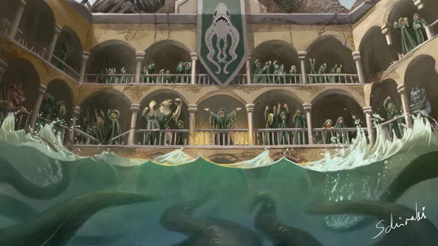 Cultists dressed in green have gathered in a half-submerged palazzo and are praying towards the waters. A few tentacles move underwater towards the cultists.