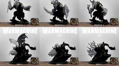A collection of six 3D models from the Warmachine series is displayed in a grid format. The top row features three Primeval models, each showcasing unique designs with intricate details, including armor and weaponry. The bottom row presents three Feral models, characterized by their beastly forms and dynamic poses, with some featuring wings and distinctive facial features, all set against a simple background.