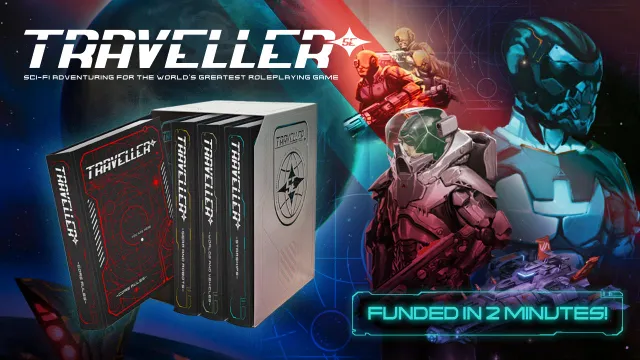 Four hardcover books for the Traveller 5E tabletop roleplaying game are displayed prominently, featuring distinct covers. The books include "Core Rules" with a red design, "Gears and Robots" in black, "Worlds and Vehicles" also in black, and "Starships" in a similar style, all housed in a white slipcase adorned with a logo. The background features a cosmic scene with hints of futuristic technology, emphasizing the sci-fi theme of the game.