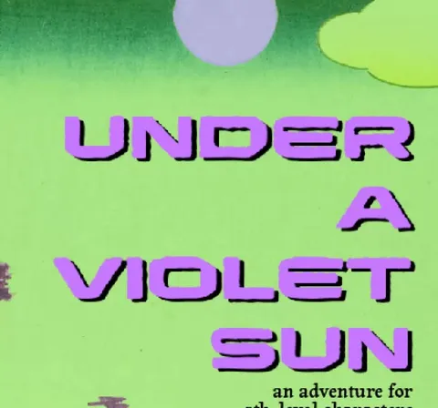 Cover art for A Violet Sun, an RPG adventure. Green background with purple text reading "A VIOLET SUN" at top, "an adventure for 5th-level characters" below, and "by: ryan shaw" at right. Purple stylized tree and rock illustration at bottom left.