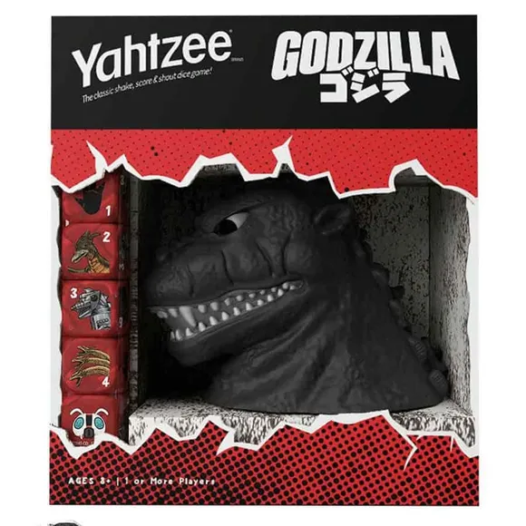 Yahtzee Godzilla box with Godzilla dice cup and red dice.