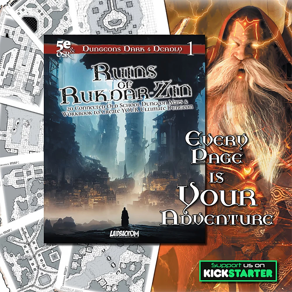 A collection of dungeon maps and artwork features prominently in the image, showcasing the title 