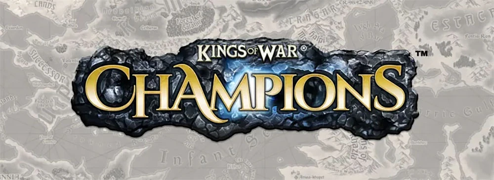 The logo for "Kings of War: Champions" features bold, stylized text with "KINGS OF WAR" in gold above "CHAMPIONS," which is highlighted in a bright blue against a textured black stone background. The design conveys a sense of fantasy and adventure, suitable for a tabletop gaming theme. The backdrop includes a faint map-like texture, suggesting a rich game world.