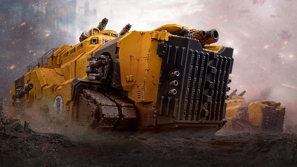 A large, heavily armored vehicle dominates the foreground, painted in a striking yellow with black accents. The vehicle features multiple gun barrels protruding from the top and a rugged, industrial design, emphasizing its role in combat. In the background, additional similar vehicles are partially visible, set against a smoky, war-torn landscape.