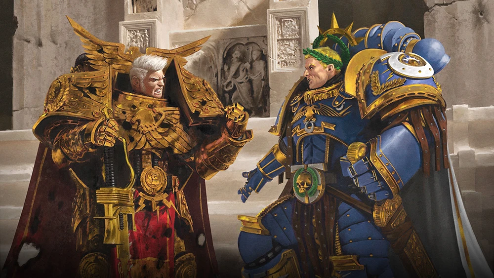 Two imposing Space Marine characters stand facing each other in a dramatic confrontation. On the left, a figure clad in ornate gold armor, adorned with skull motifs and a flowing red cape, exudes authority and intensity. Opposite him, a blue-armored Space Marine with a laurel crown and a confident expression stands ready, showcasing intricate details on his armor. The background features a partially ruined architectural setting, enhancing the epic atmosphere of their encounter.