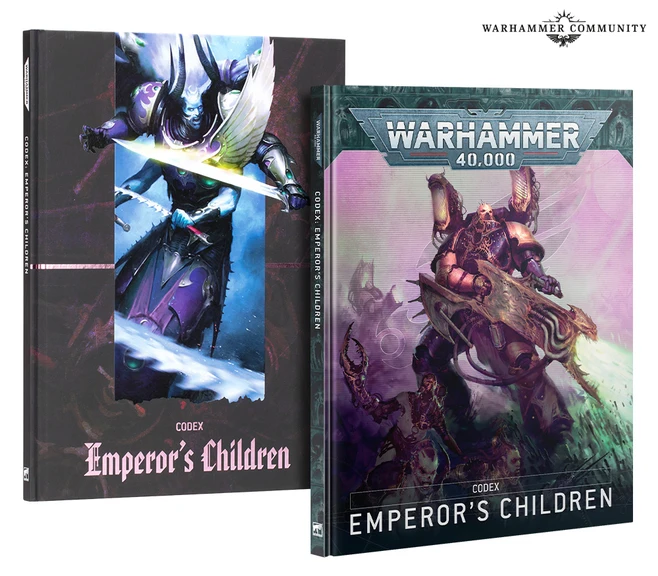 A striking display features two editions of the "Codex: Emperor’s Children" for Warhammer 40,000. On the left, a dark cover showcases a dynamic illustration of a warrior wielding a sword, while the right cover presents a vibrant image of a heavily armored figure with a weapon, both embodying the chaotic essence of the Emperor’s Children. The titles "Codex: Emperor’s Children" are prominently displayed on both covers, emphasizing the focus on this faction's lore and gameplay.