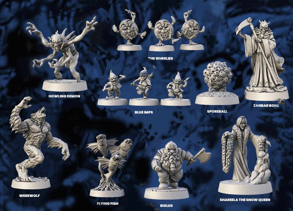 A collection of miniature figures showcases various characters and creatures from the Fighting Fantasy universe, set against a dark blue background. Prominent figures include a Howling Demon with elongated limbs, a Werewolf with a fierce expression, and whimsical characters like the Wheelies and Blue Imps. Other notable figures include a Sporeball, Flying Fish, Bigleg, and a character named Shareela, each intricately designed and labeled for easy identification.
