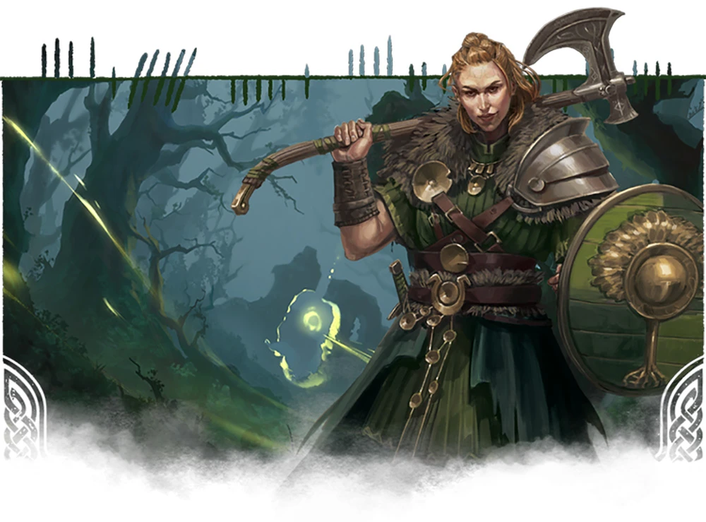 A warrior stands confidently in a dark, mystical forest, holding a battle axe in one hand and a round shield in the other. Dressed in a green tunic with a fur-lined collar and adorned with various metallic accessories, the character exudes a sense of strength and readiness for adventure. The background features shadowy trees and a faint, glowing light, hinting at the magical and mysterious elements of the setting.