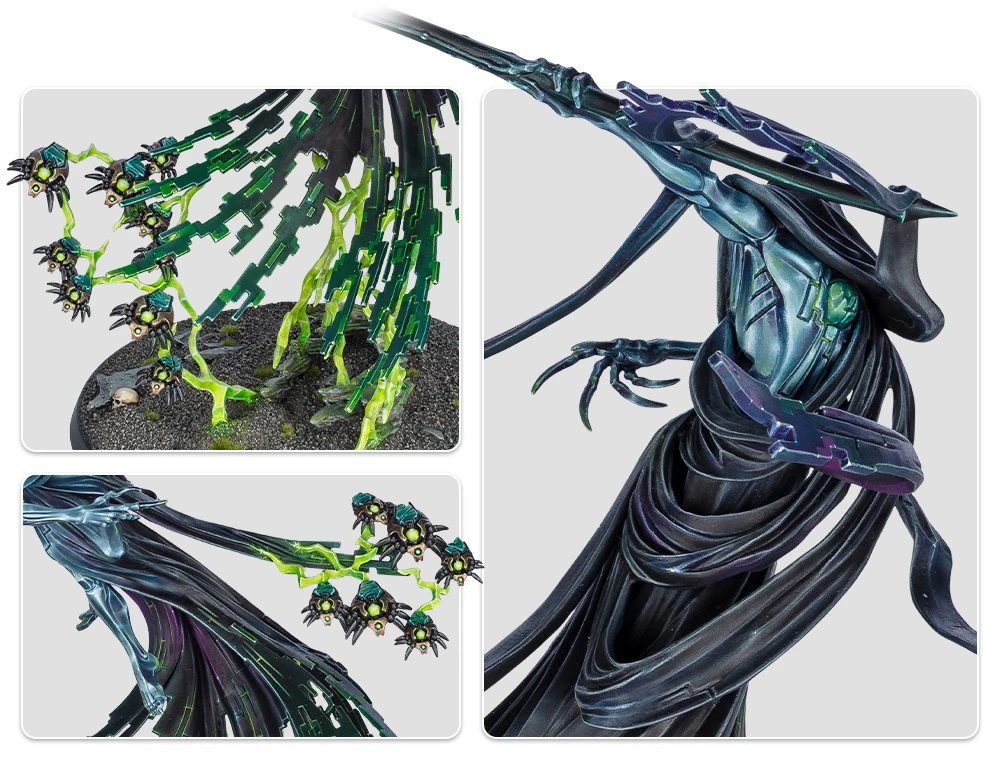 A detailed model of the Necron Shard of the Nightbringer showcases its elegant design, featuring a large, menacing scythe and a flowing cape. The figure is adorned with vibrant green and black elements, including swarms of Scarabs that enhance its dynamic appearance. The base is textured with dark materials, adding to the overall ominous aesthetic of this classic Warhammer 40k character.