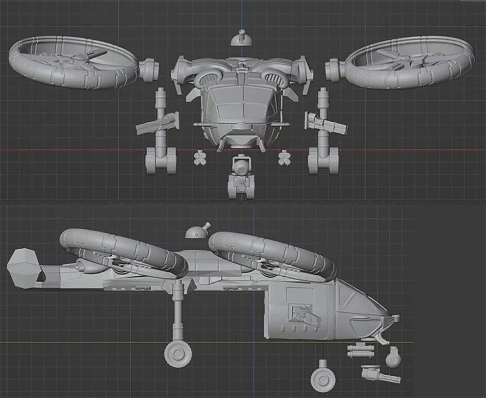 A detailed 3D model of the LARC 2, a sci-fi utility VTOL aircraft, is displayed from a top-down perspective. The model features two prominent anti-grav rotors, a streamlined cockpit, and various modular components including weapons and hardpoints. Surrounding the main body are additional parts such as crew models and flotation upgrades, all rendered in a light gray color against a dark grid background.