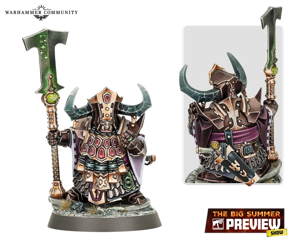 A detailed miniature of a Zharrdron warrior stands prominently, showcasing intricate armor adorned with spikes and dark metallic hues. The figure wields a large, ornate staff topped with a green, glowing emblem, and features a helmet with prominent horns, emphasizing its imposing presence. The base is textured with rocky elements, enhancing the character's fierce and industrial aesthetic.