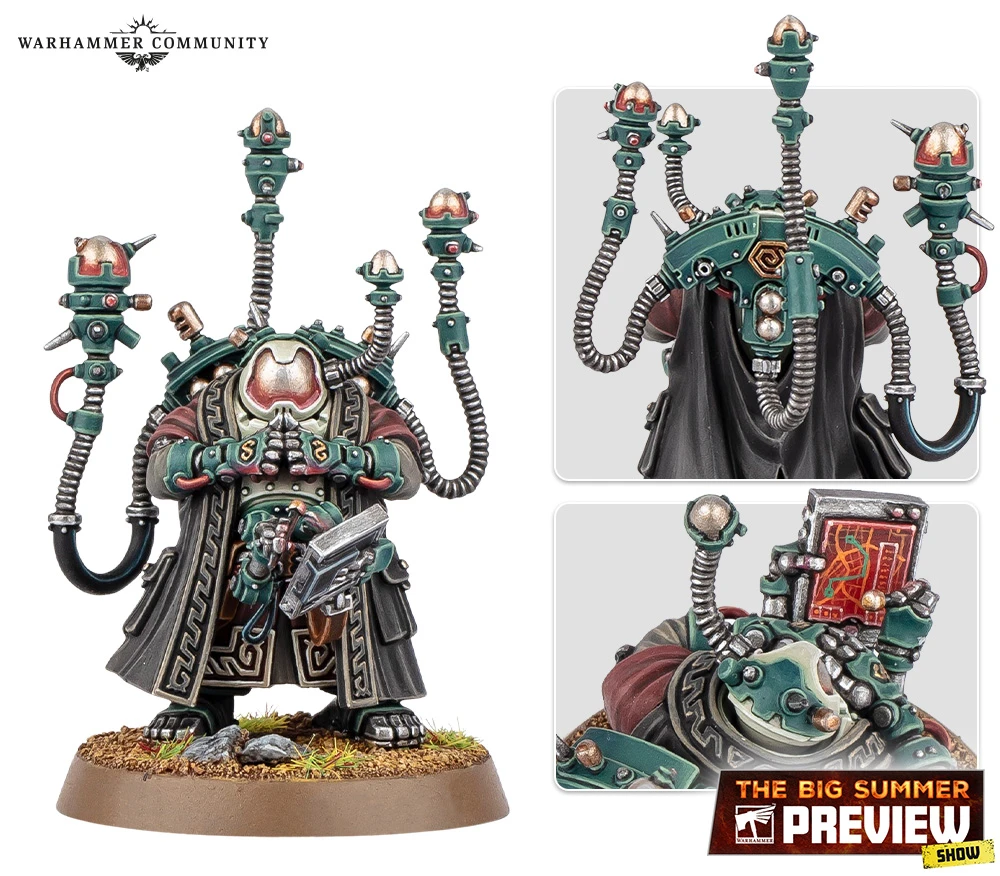 A detailed miniature of a character from the Leagues of Votann, featuring a robust figure clad in a long, dark robe with intricate patterns. The character has a prominent, rounded chest piece and is equipped with various high-tech devices, including multiple antennae and a weapon in one hand. The base is adorned with small rocks and grass, enhancing the sci-fi aesthetic of the model.