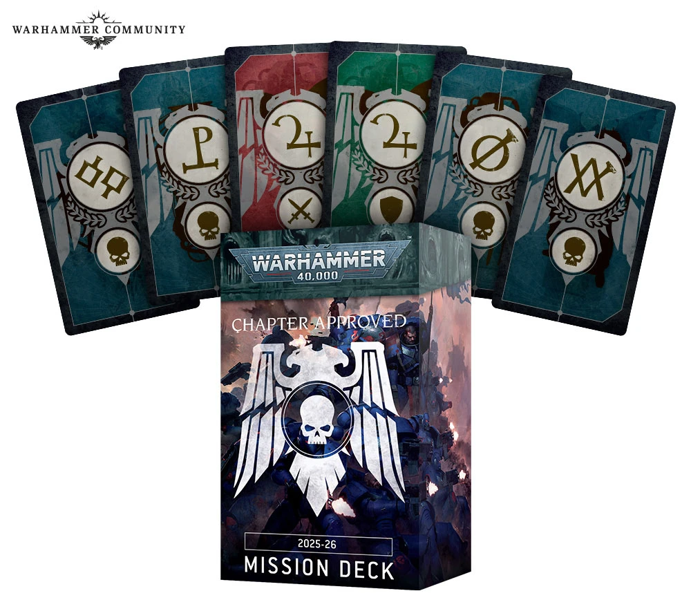 A collection of cards from the new Warhammer 40,000 mission deck is displayed, featuring various designs and symbols in different colors, including red, green, and blue. The central box, labeled
