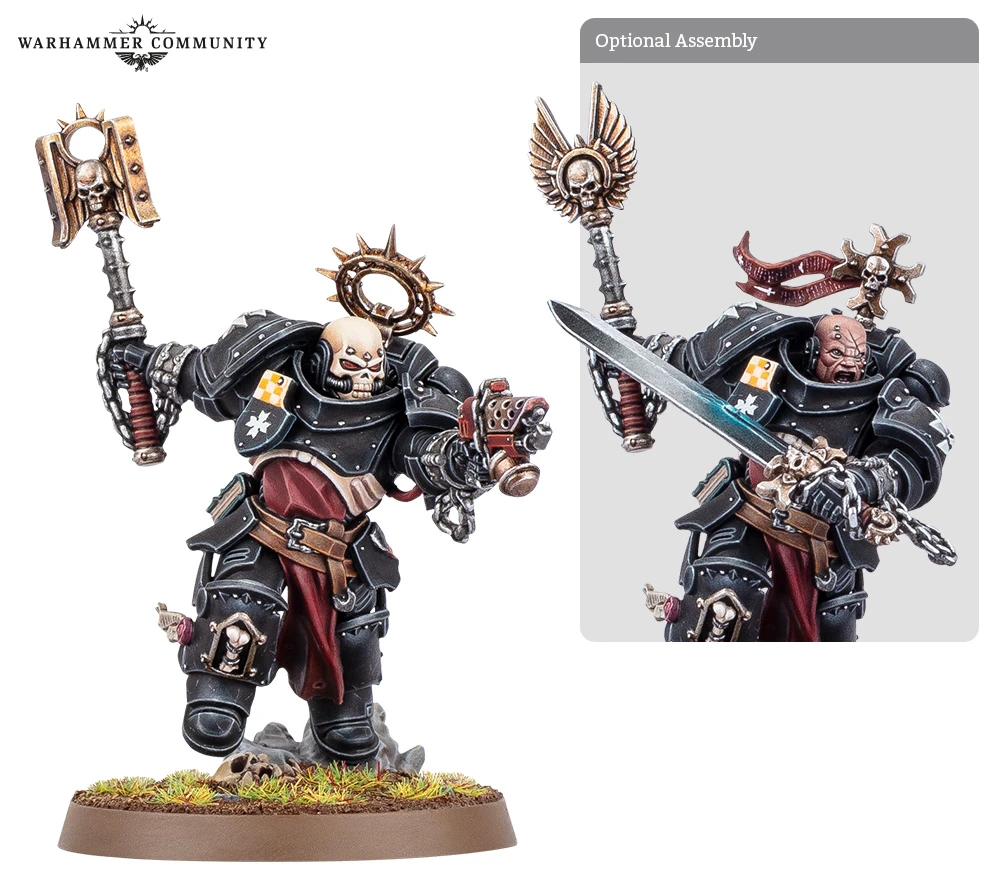 A Black Templar miniature stands prominently, showcasing a heavily armored figure with a skull-like face and a large, ornate shoulder pad. The character wields a power sword in one hand and a pistol in the other, with a distinctive halo-like emblem above their head. The base features grass and rocky terrain, enhancing the model's dynamic pose and detailing. An inset image highlights optional assembly features for customization.