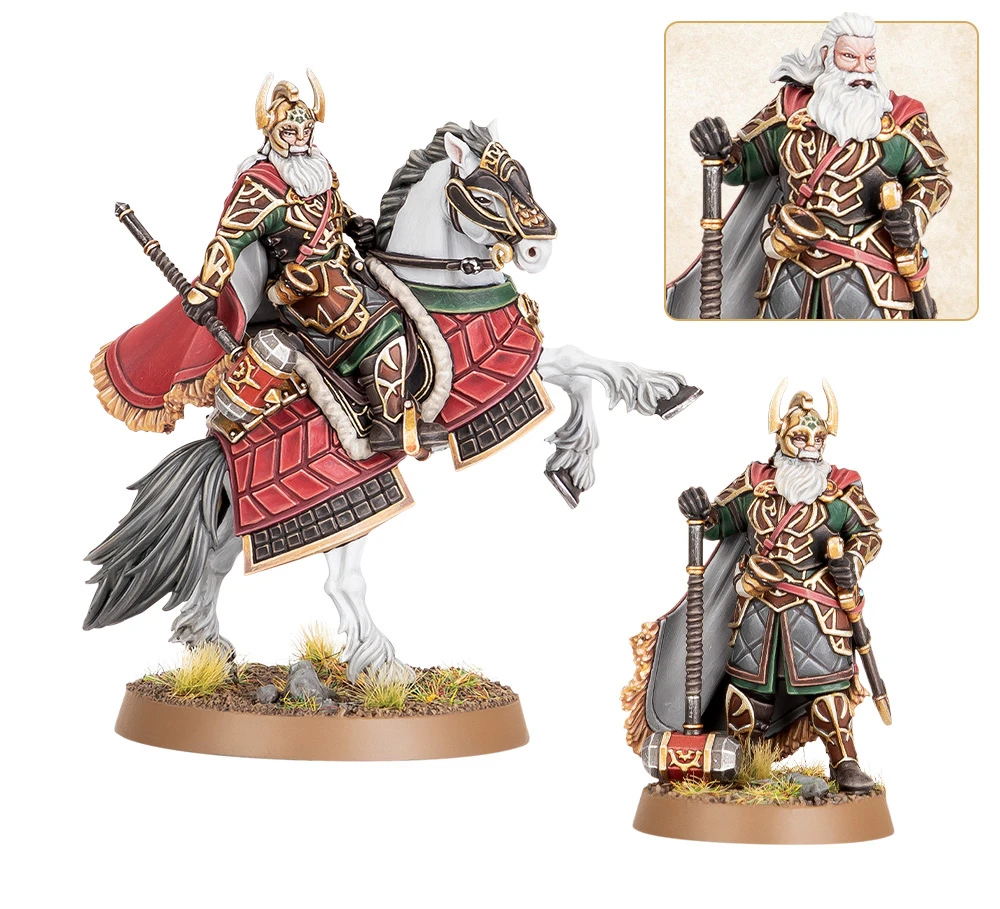 A detailed miniature of Helm Hammerhand, King of Rohan, is depicted both mounted on an armoured horse and standing beside it. The mounted figure wears ornate armor with intricate patterns, a flowing red cape, and a horned helmet, while the horse is adorned with decorative armor. The standing figure, also in regal attire, holds a hammer and features a long beard, showcasing the character's noble stature.