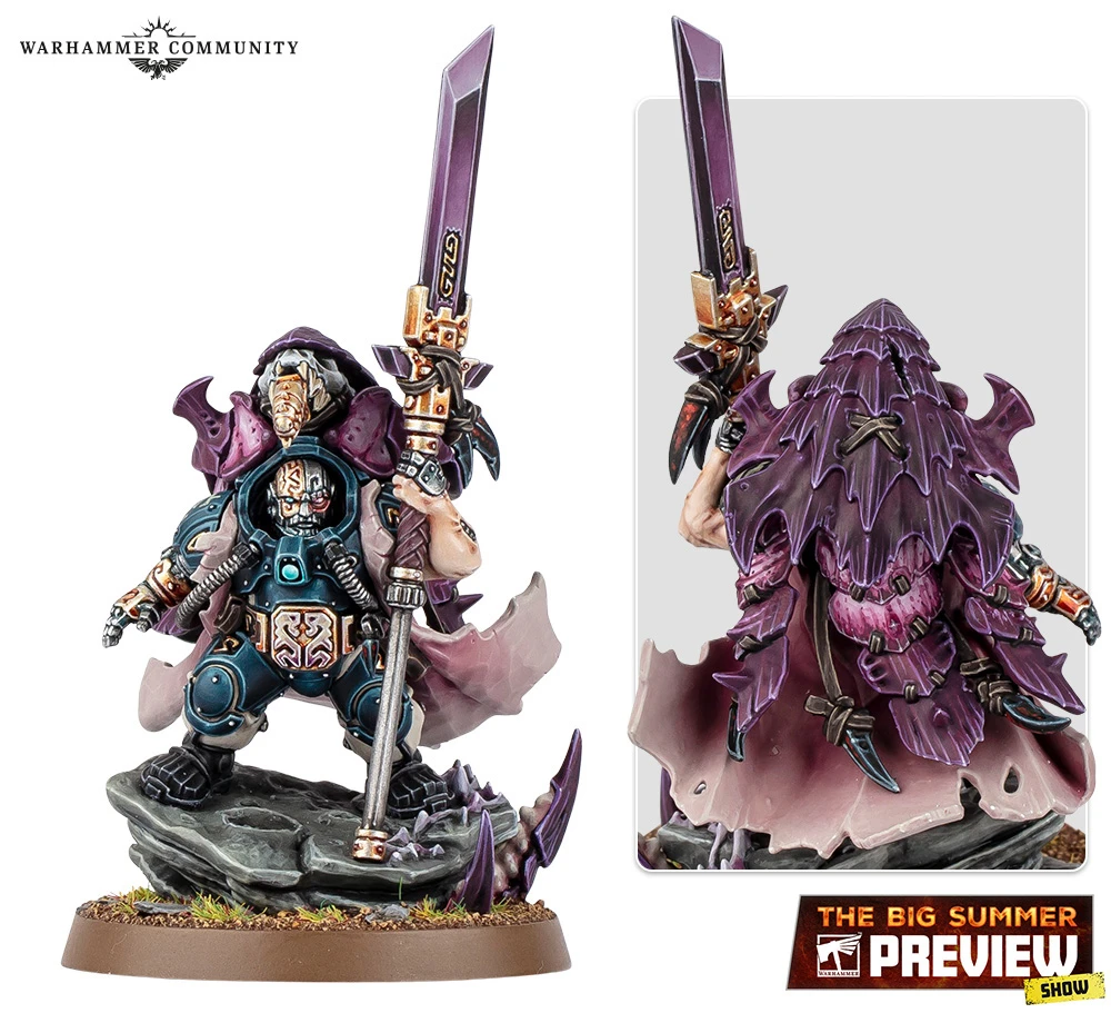 A detailed miniature of a character from the Leagues of Votann, featuring a figure clad in intricate armor with a mix of blue and purple tones. The character wields a large, ornate sword and stands on a rocky base adorned with grass and purple accents. The back of the figure showcases a flowing cape with a textured design, emphasizing its unique and formidable presence.