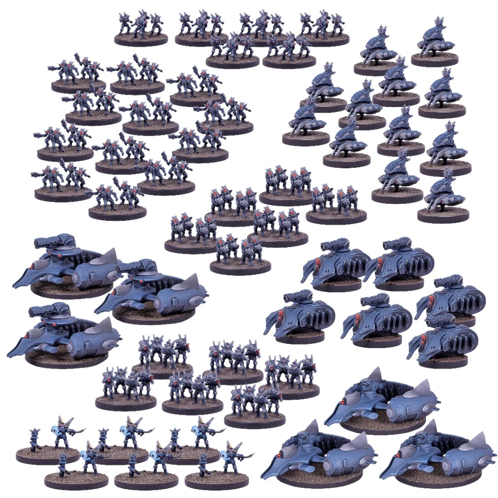 A collection of 440 plastic miniatures from the Epic Warpath Battle for Phrovox starter set, featuring two distinct armies: the Earth’s Enforcers and the Plague. The miniatures include various infantry units, vehicles, and command figures, all designed in a sci-fi aesthetic with a predominantly dark color scheme. The arrangement showcases multiple squads of soldiers alongside sleek, futuristic vehicles, emphasizing the scale and detail of the 10mm wargaming experience.