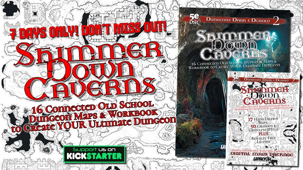 A promotional graphic for the "Shimmerdown Caverns" Kickstarter campaign features a detailed, hand-drawn dungeon map in the background, showcasing various interconnected areas. The foreground displays bold, stylized text announcing "Shimmer Down Caverns" and emphasizing "16 Connected Old School Dungeon Maps & Workbook to Create YOUR Ultimate Dungeon." A smaller section encourages viewers to support the campaign on Kickstarter, with a visual of a cave entrance on the right side.